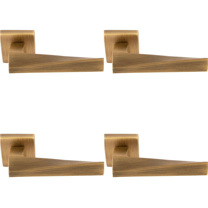 4 PACK Premium Geomteric Door Handle Set Antique Brass Angled Lever Square Rose