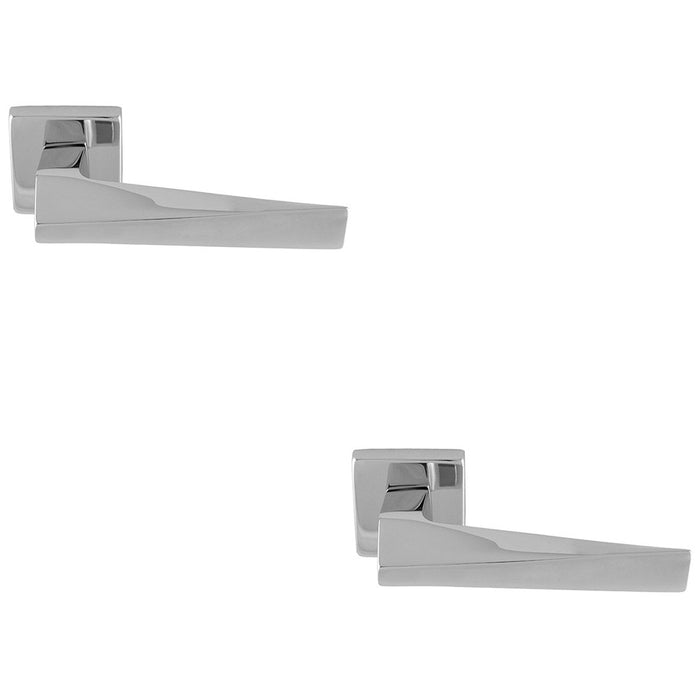 2 PACK Premium Geomteric Door Handle Set Polished Chrome Angled On Square Rose