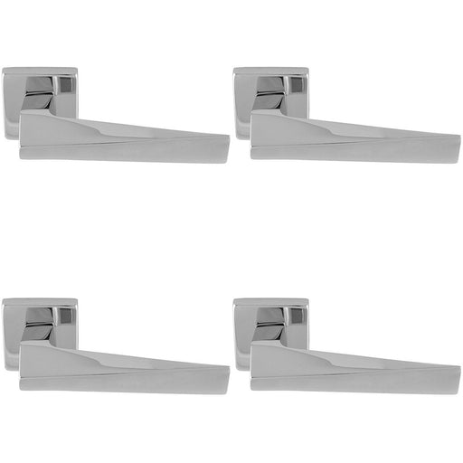 4 PACK Premium Geomteric Door Handle Set Polished Chrome Angled On Square Rose