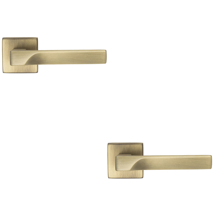 2 PACK Premium Contoured Door Handle Set Antique Brass Sleek Lever Square Rose