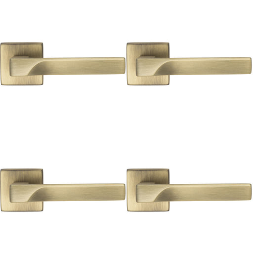 4 PACK Premium Contoured Door Handle Set Antique Brass Sleek Lever Square Rose