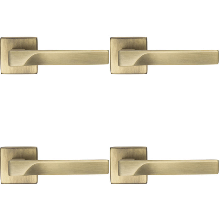 4 PACK Premium Contoured Door Handle Set Antique Brass Sleek Lever Square Rose