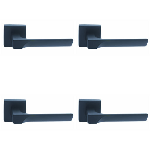 4 PACK Premium Contoured Door Handle Set Matt Black Sleek Lever On Square Rose