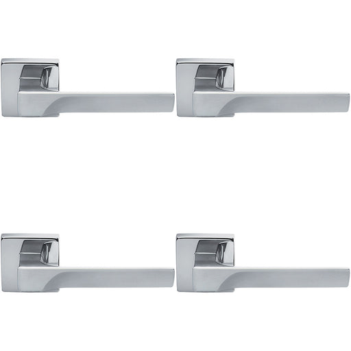 4 PACK Premium Contoured Door Handle Set Polished Chrome Sleek Lever Square Rose