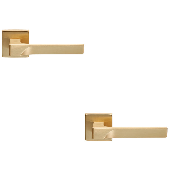 2 PACK Premium Contoured Door Handle Set Satin Brass Sleek Lever On Square Rose