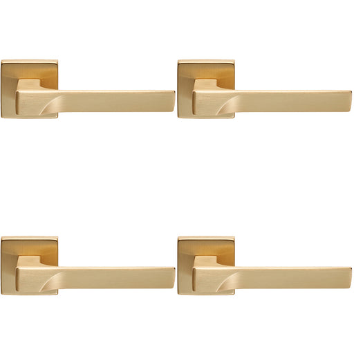 4 PACK Premium Contoured Door Handle Set Satin Brass Sleek Lever On Square Rose