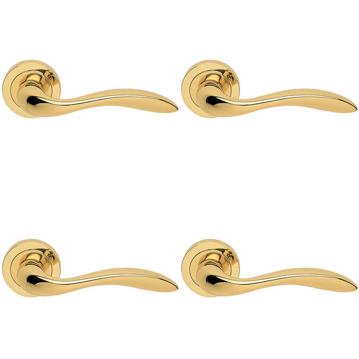 4 PACK Premium Scroll Door Handle Set Polished Brass Elegant Lever On Round Rose