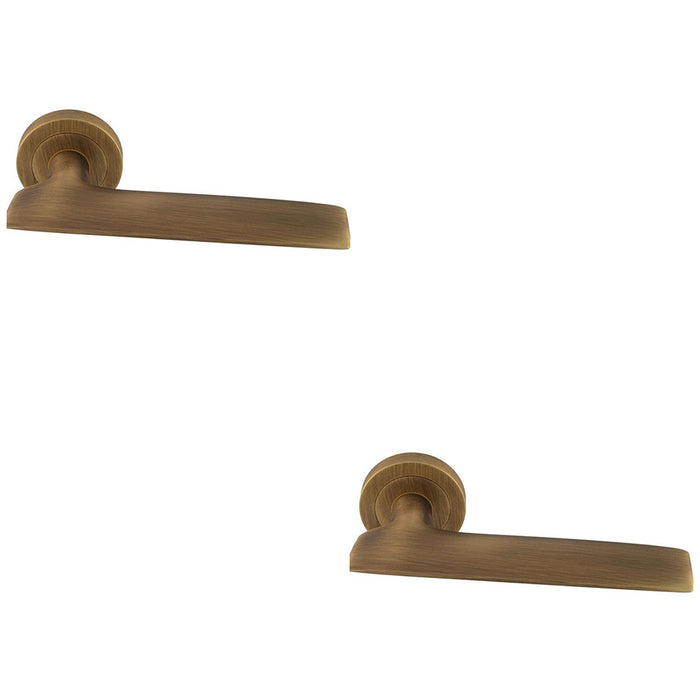 2 PACK Premium Slim Flat Door Handle Set Antique Brass Designer Lever Round Rose