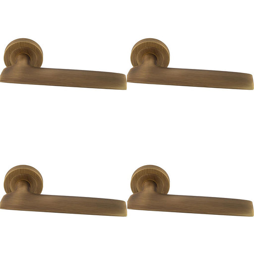 4 PACK Premium Slim Flat Door Handle Set Antique Brass Designer Lever Round Rose