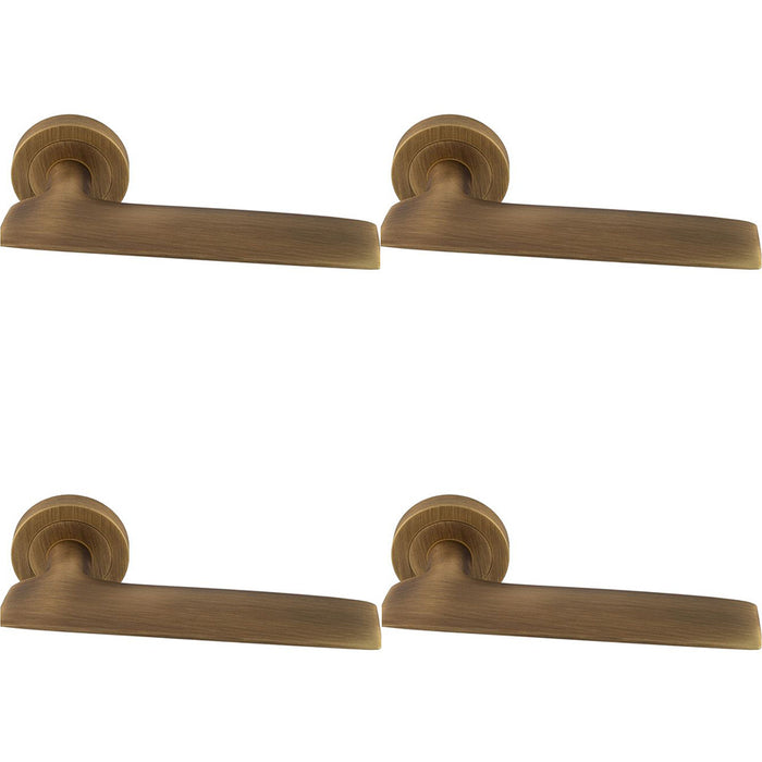 4 PACK Premium Slim Flat Door Handle Set Antique Brass Designer Lever Round Rose