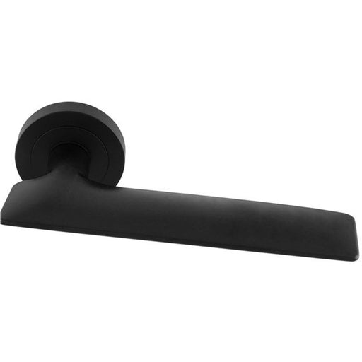 Premium Slim Flat Door Handle Set - Matt Black Designer Lever On Round Rose