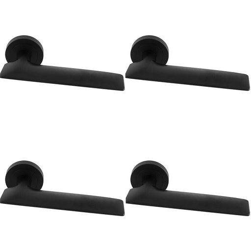 4 PACK Premium Slim Flat Door Handle Set Matt Black Designer Lever On Round Rose