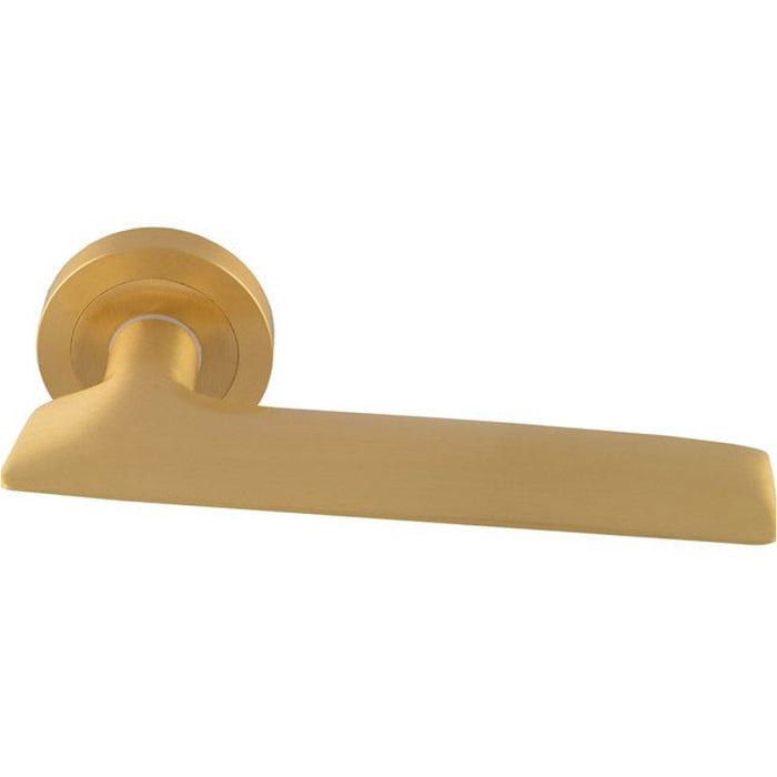 Premium Slim Flat Door Handle Set - Satin Brass Designer Lever On Round Rose