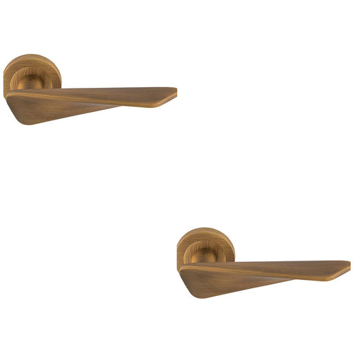 2 PACK Premium Angle Twist Door Handle Set Antique Brass Designer On Round Rose