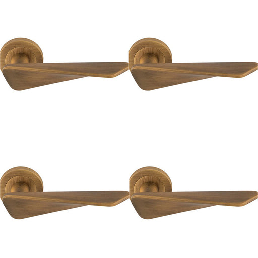 4 PACK Premium Angle Twist Door Handle Set Antique Brass Designer On Round Rose