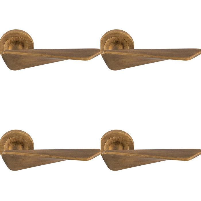 4 PACK Premium Angle Twist Door Handle Set Antique Brass Designer On Round Rose