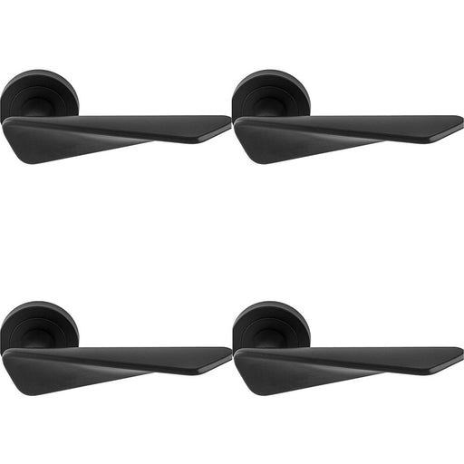 4 PACK Premium Angle Twist Door Handle Set Matt Black Designer Lever Round Rose