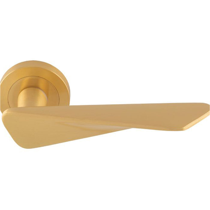 Premium Angle Twist Door Handle Set - Satin Brass Designer Lever On Round Rose