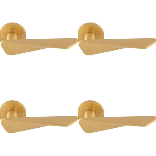 4 PACK Premium Angle Twist Door Handle Set Satin Brass Designer Lever Round Rose