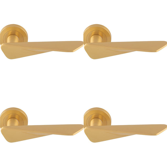 4 PACK Premium Angle Twist Door Handle Set Satin Brass Designer Lever Round Rose