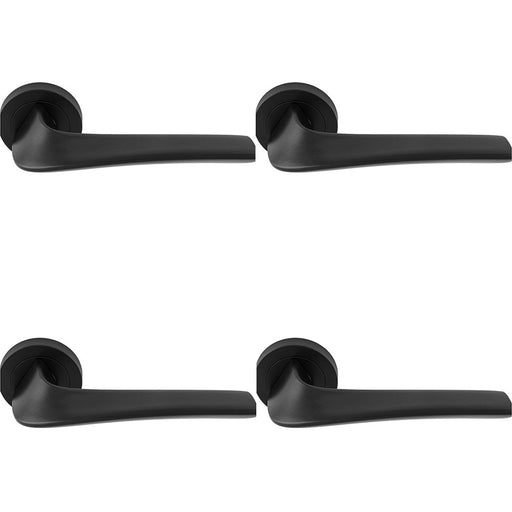 4 PACK Premium Twisted Bar Door Handle Set Matt Black Designer Lever Round Rose