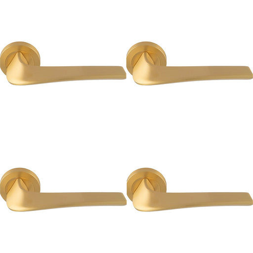 4 PACK Premium Twisted Bar Door Handle Set Satin Brass Designer Lever Round Rose