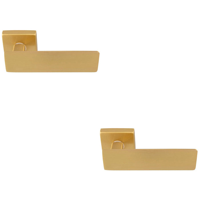 2 PACK Premium Large Flat Door Handle Set Satin Brass Designer Lever Square Rose