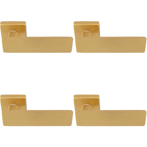 4 PACK Premium Large Flat Door Handle Set Satin Brass Designer Lever Square Rose