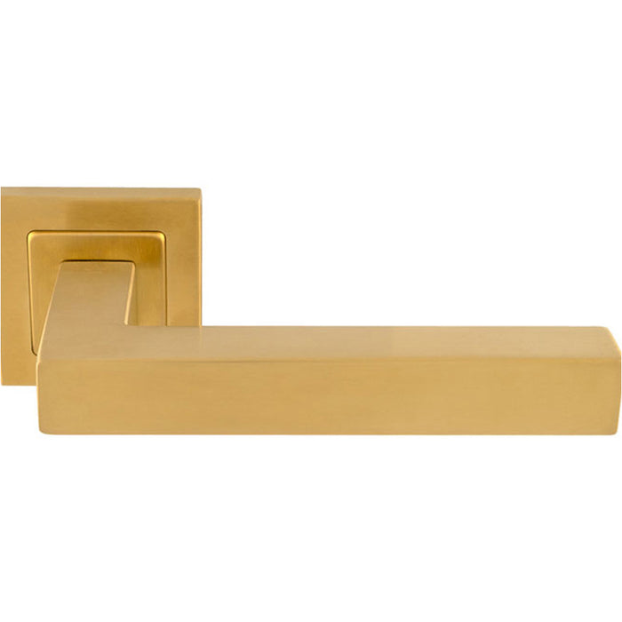 Premium Straight Door Handle Set - Satin Brass Designer Lever On Square Rose