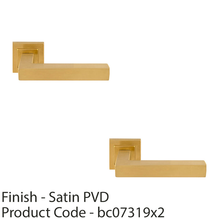 2 PACK Premium Straight Door Handle Set Satin Brass Designer Lever Square Rose 1