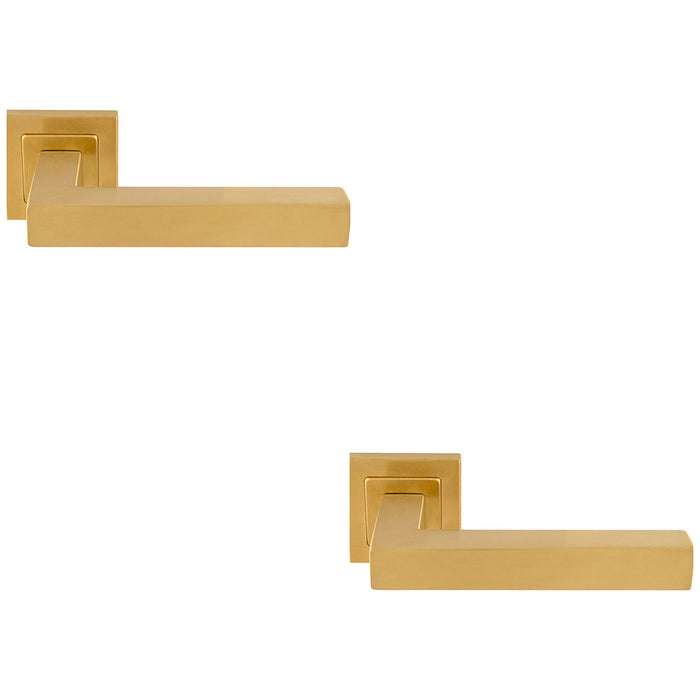 2 PACK Premium Straight Door Handle Set Satin Brass Designer Lever Square Rose