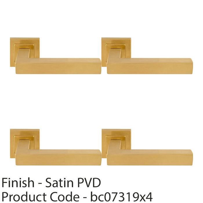 4 PACK Premium Straight Door Handle Set Satin Brass Designer Lever Square Rose 1