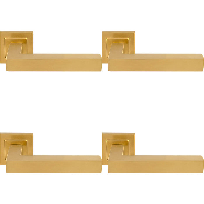 4 PACK Premium Straight Door Handle Set Satin Brass Designer Lever Square Rose