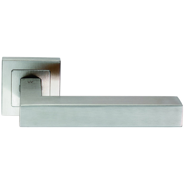 Premium Straight Door Handle Set - Satin Steel Designer Lever On Square Rose