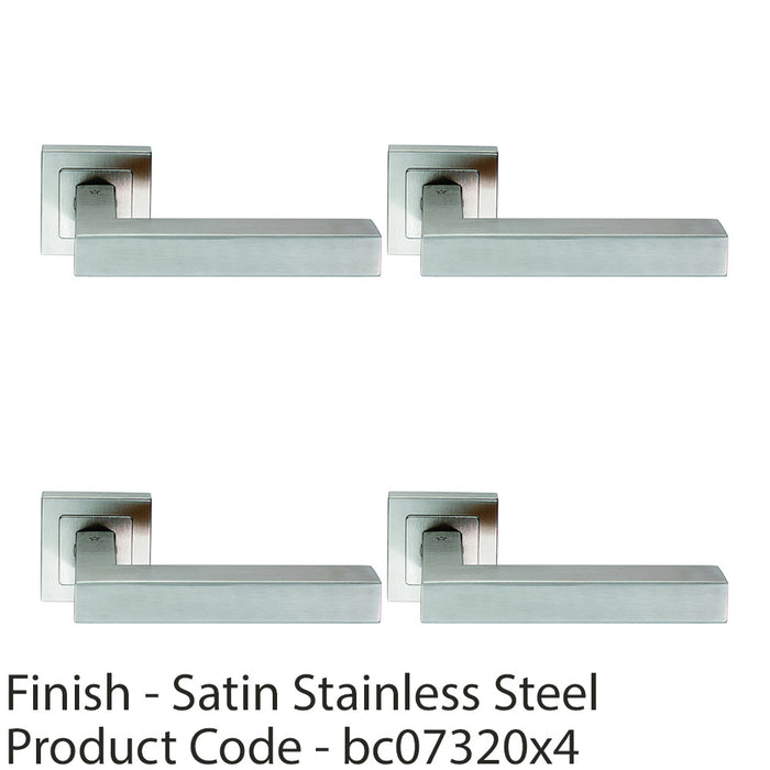 4 PACK Premium Straight Door Handle Set Satin Steel Designer Lever Square Rose 1