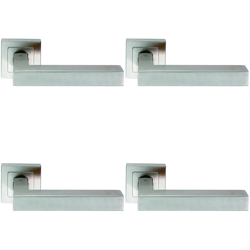 4 PACK Premium Straight Door Handle Set Satin Steel Designer Lever Square Rose