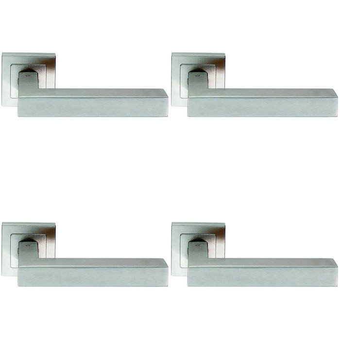 4 PACK Premium Straight Door Handle Set Satin Steel Designer Lever Square Rose