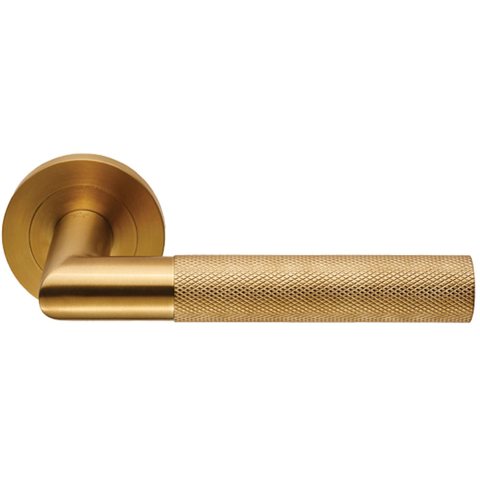 PAIR Knurled Round Bar Door Handle On Round Rose Concealed Fix Satin Brass