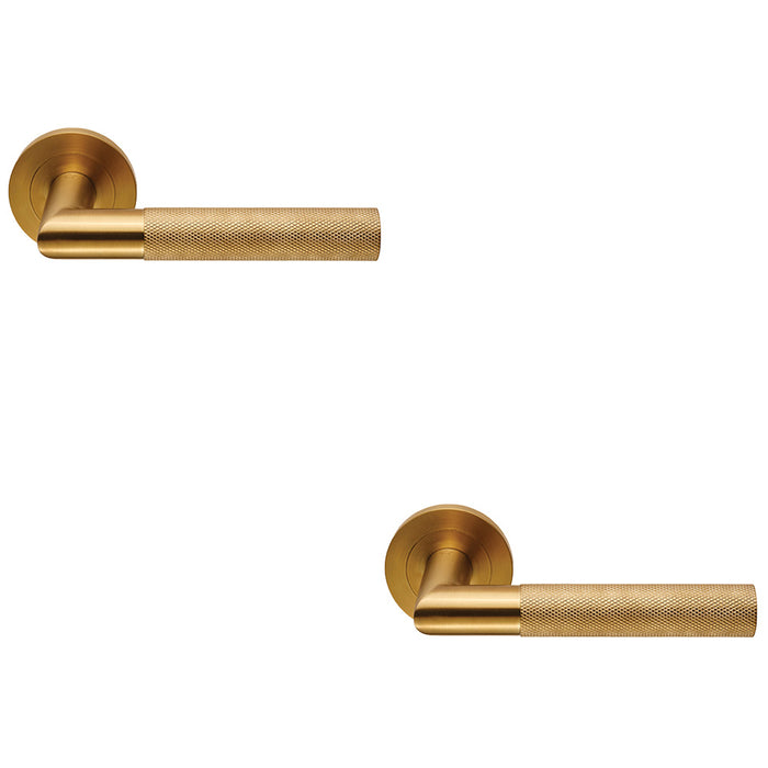 2x PAIR Knurled Round Bar Door Handle On Round Rose Concealed Fix Satin Brass