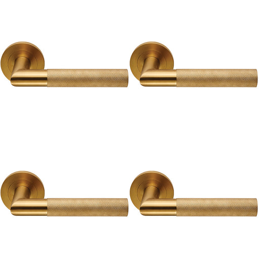 4x PAIR Knurled Round Bar Door Handle On Round Rose Concealed Fix Satin Brass