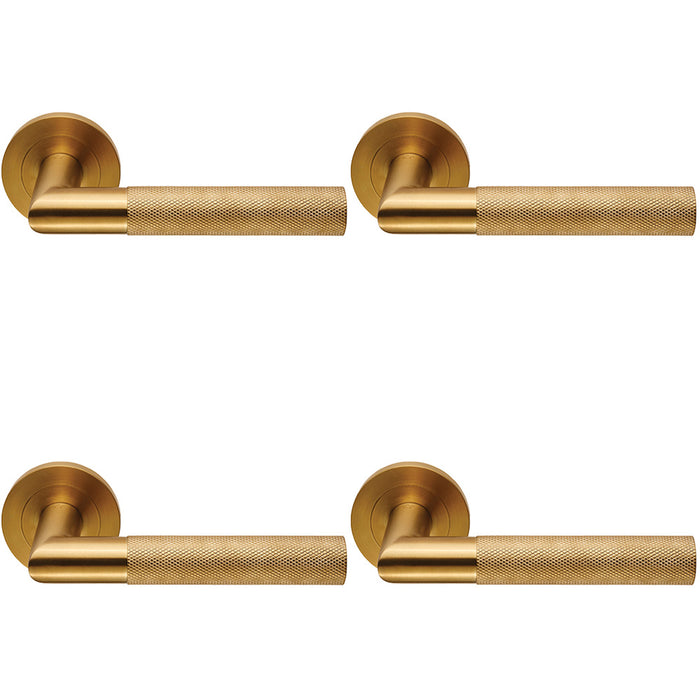 4x PAIR Knurled Round Bar Door Handle On Round Rose Concealed Fix Satin Brass