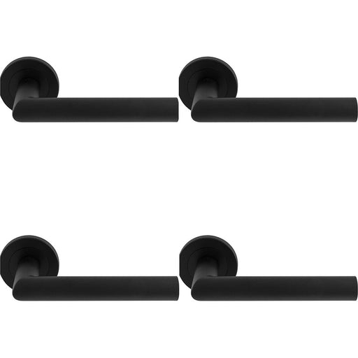 4 PACK PAIR Mitred Round Bar Door Handle Ringed Design Conceled Fix Matt Black