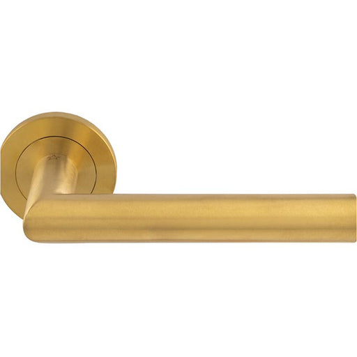 PAIR Mitred Round Bar Door Handle Ringed Design Conceled Fix Satin Brass