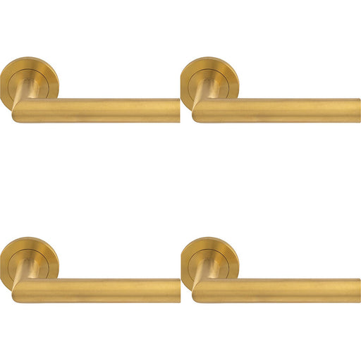 4 PACK PAIR Mitred Round Bar Door Handle Ringed Design Conceled Fix Satin Brass