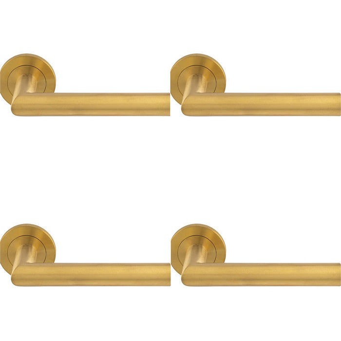 4 PACK PAIR Mitred Round Bar Door Handle Ringed Design Conceled Fix Satin Brass