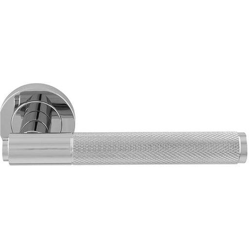 Luxury Knurled Door Handle Set - Polished Chrome Angled Lever On Round Rose