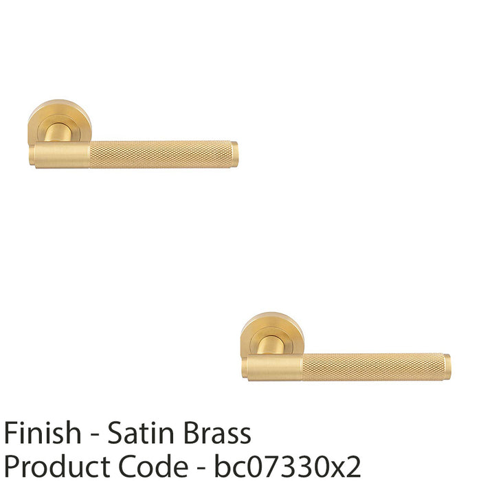 2 PACK Luxury Knurled Door Handle Set Satin Brass Angled Lever On Round Rose 1