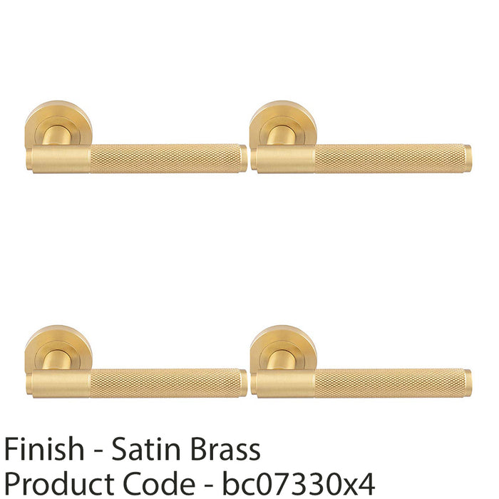 4 PACK Luxury Knurled Door Handle Set Satin Brass Angled Lever On Round Rose 1