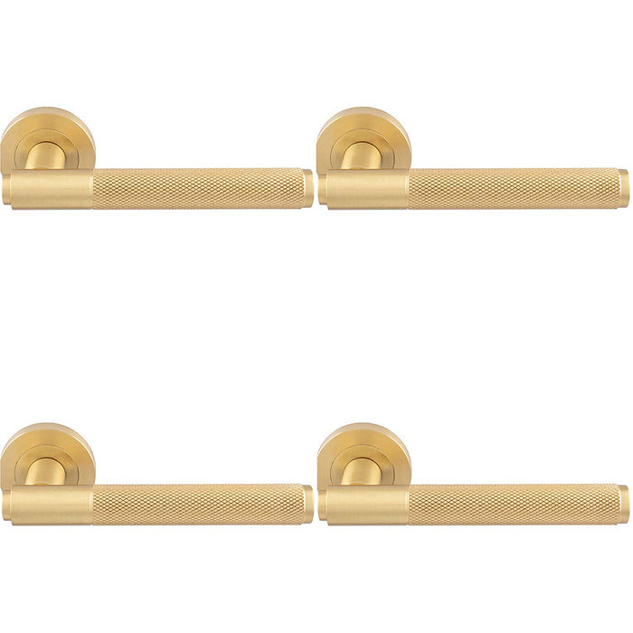 4 PACK Luxury Knurled Door Handle Set Satin Brass Angled Lever On Round Rose