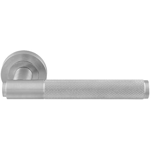 Luxury Knurled Door Handle Set - Satin Chrome Angled Lever On Round Rose